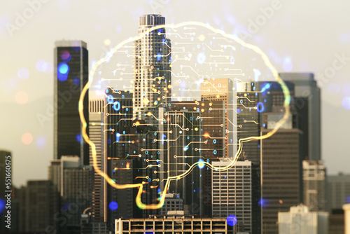 Virtual creative artificial Intelligence hologram with human brain sketch on Los Angeles skyline background. Multiexposure