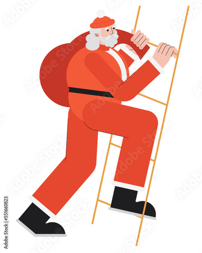 Santa Claus climbs the ladder. Сhristmas Santa with a big bag
 (ID: 551660823)
