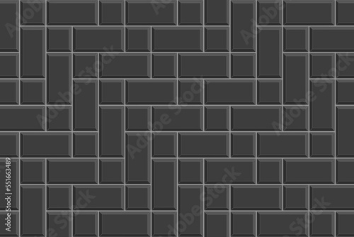 Black herringbone inserted tile texture. Sidewalk surface. Brick wall background. Kitchen backsplash mosaic layout. Bathroom, shower or toilet floor decoration. Vector flat illustration