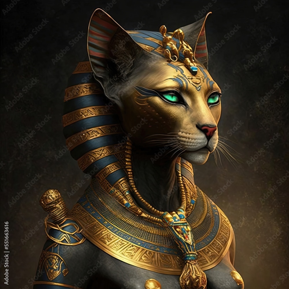 Ancient Egyptian goddess Bastet. Ancient Egyptian catwoman with gold jewelry. AI ilustración de