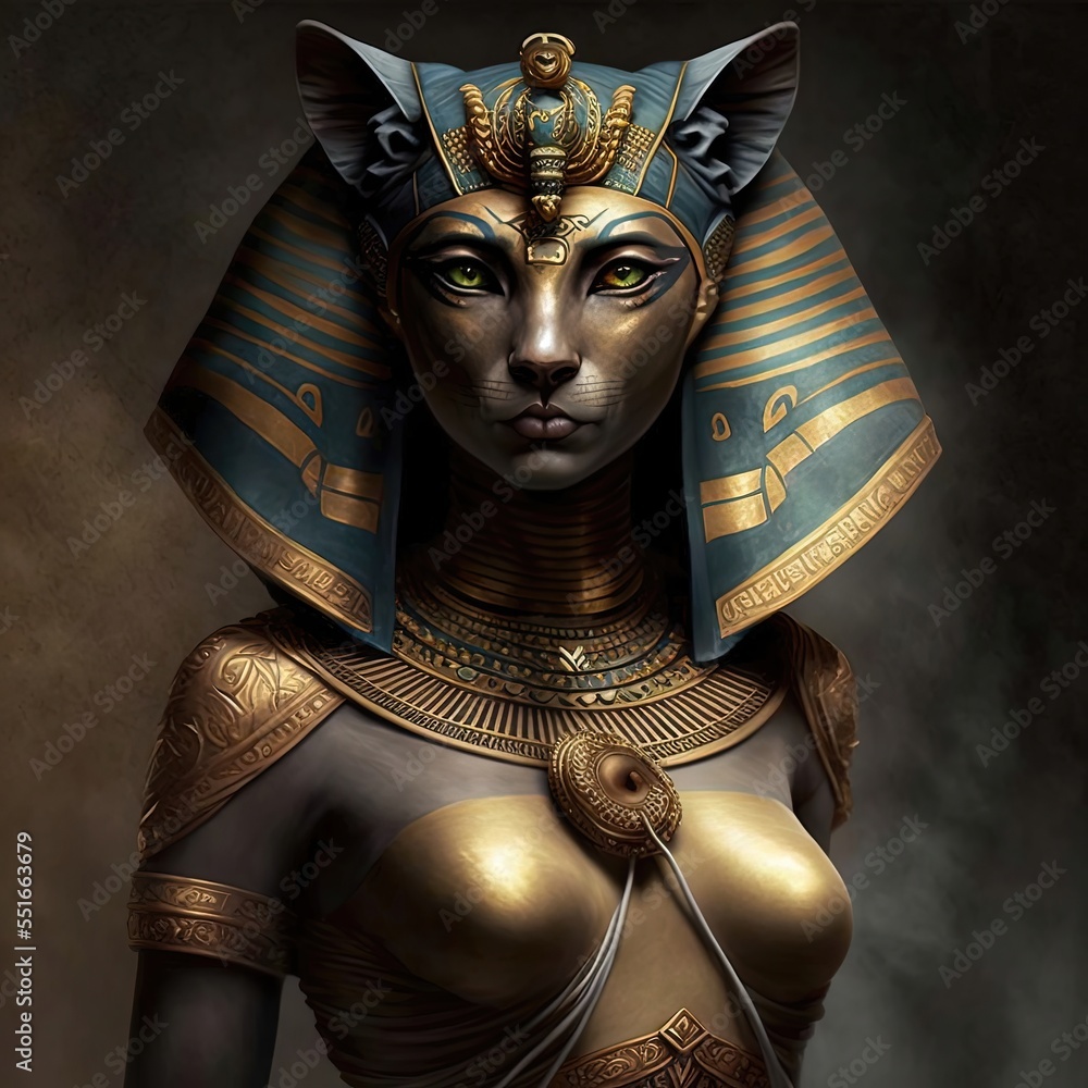 Ancient Egyptian goddess Bastet. Ancient Egyptian catwoman with gold ...