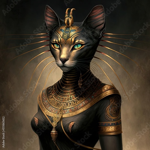 Ancient Egyptian goddess Bastet. Ancient Egyptian catwoman with gold jewelry. AI photo