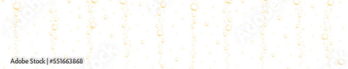 Streaming gold bubbles on white background. Carbonated water texture. Sparkling fizzy drink, beer, soda, cola, lemonade, champagne, seltzer pattern. Vector realistic illustration
