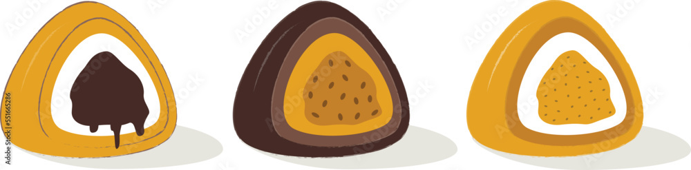 Set of japanece mochi. Chocolate and mango mochi. Flat vector. Asian food. Set of japanece mochi. Chocolate and mango mochi. Flat vector. Asian food.