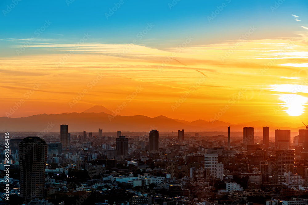 Aerial view of the skyline at sunset with Mount Fuji in the background in Tokyo, Japan