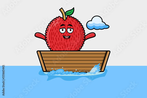 cute cartoon Lychee get on boat in vector character illustration