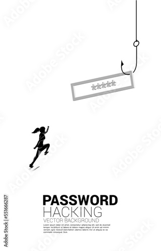 Silhouette of businesswoman running to fishing hook with password. Concept of click bait and digital phishing.