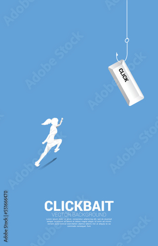 Silhouette of businesswoman running to fishing hook with click button. Concept of click bait and digital phishing.