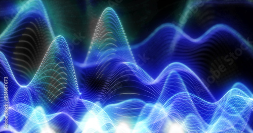 Abstract background of blue futuristic glowing waves from particles of points and lines of energy and magic on a black background
