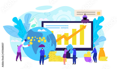 Financial stock market concept, vector illustration. Exchange trader desk, people monitoring, forecasting financial indexes data online.