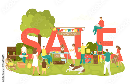 Garage street sale in yard with lettering sale vector illustration. People buy and sell housewares, clothing, sporting goods and toys. Old vintage.