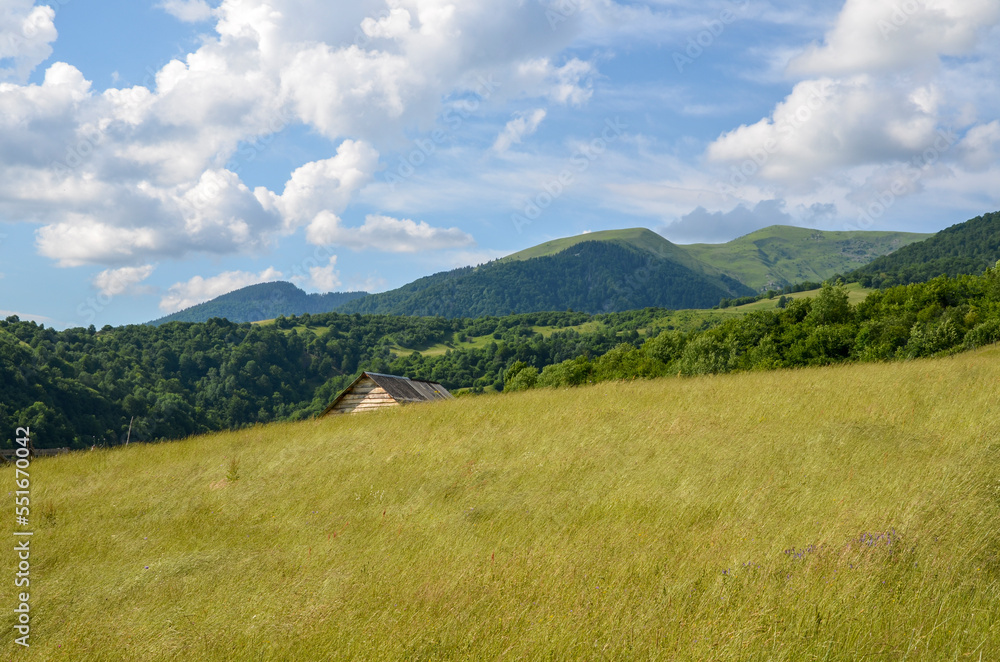 View of a green grassy valley and the roof of a wooden house seen behind a hill in the Carpathian Mountains, Ukraine View of a green grassy valley and the roof of a wooden house seen behind a hill in the Carpathian Mountains, Ukraine