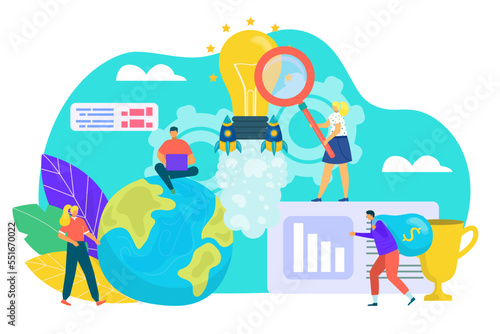 Idea concept, creativity and business solution vector illustration. Tiny people look for light bulb, strategy and creative thinking.
