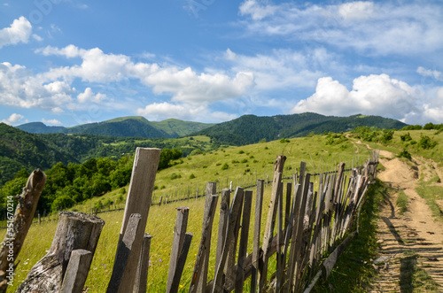 Wooden fence along a lush green grassy meadow near the mountain road in the Carpathians