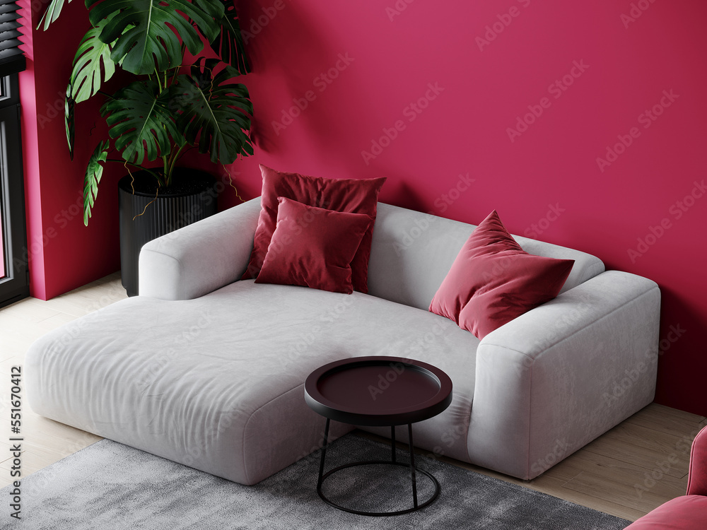 Viva magenta 2023 color room background. Modern interior design with accent luxury sofa and table furniture. Gray couch and burgundy crimson pillows. Mockup interior room home design.  3d render - obrazy, fototapety, plakaty 