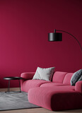 Viva magenta room background. Modern interior design with accent luxury couch and table furniture. Empty wall mockup. Crimson tone deep rich sofa. Minimal interior design living home. 3d render