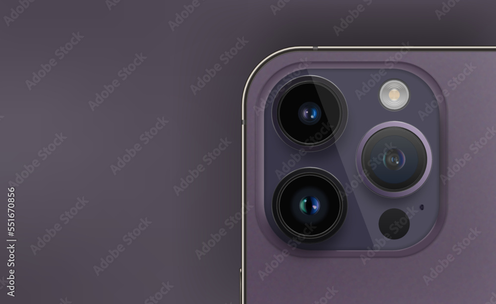 Realistic smartphone camera module. iPhone 14 Pro Deep purple color. Lens shine deep purple color glass effect. High quality details. Smartphone iPhone back mockup vector illustration. Realistic smartphone camera module. iPhone 14 Pro Deep purple color. Lens shine deep purple color glass effect. High quality details. Smartphone iPhone back mockup vector illustration.