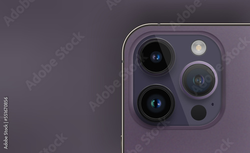 Realistic smartphone camera module. iPhone 14 Pro Deep purple color. Lens shine deep purple color glass effect. High quality details. Smartphone iPhone back mockup vector illustration.