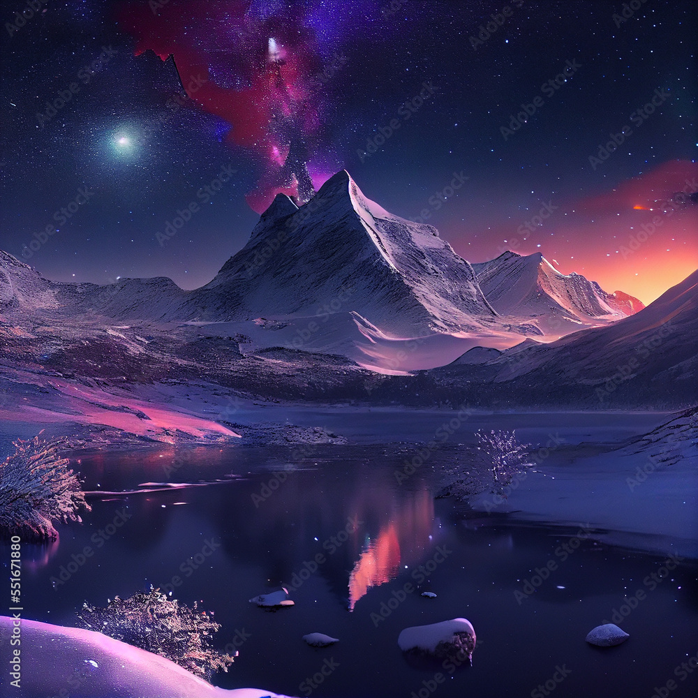 Abstract Winter Mountains with Milky Way Visible in Sky. Generative AI Abstract Winter Mountains with Milky Way Visible in Sky. Generative AI