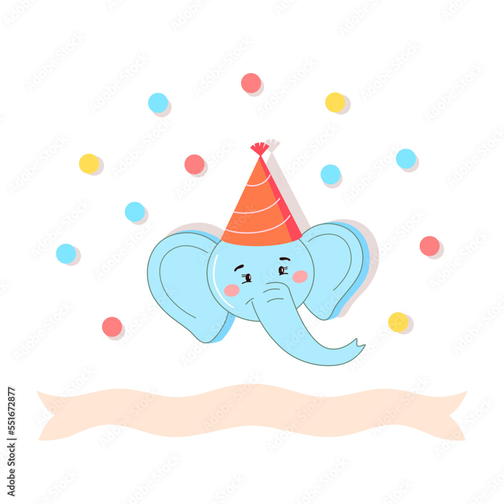 Head of blue baby elephant in cap. Children's card with confetti and banner for congratulations. Template for text happy birthday. Vector cute illustration in cartoon style on white background. Head of blue baby elephant in cap. Children's card with confetti and banner for congratulations. Template for text happy birthday. Vector cute illustration in cartoon style on white background.