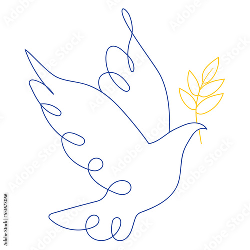 A linear dove with a branch in the colors of the Ukrainian flag. A symbol of peace. Vector illustration isolated on transparent background.