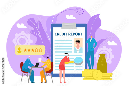 Loan application concept, credit report in bank vector illustration. Form or financial document in bank office showing finance of businessman.