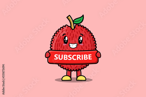 Cute cartoon Lychee character holding red subscribe board