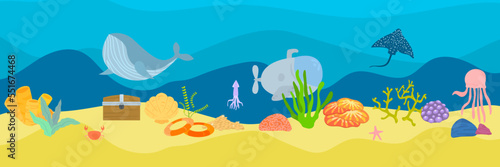 Cartoon underwater landscape with sunken frigate ship. Vector game level background with shipwreck vessel on sea bottom, treasure chest, aquatic plants, coral reef, rocks and animals. Ocean scene
