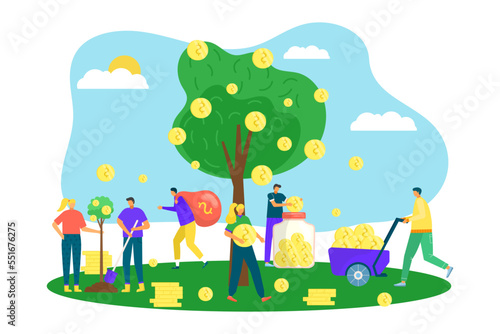 Money tree with golden coins, financial growth in business, investment concept, vector illustration. Wealth symbol, Tree with money dollars.
