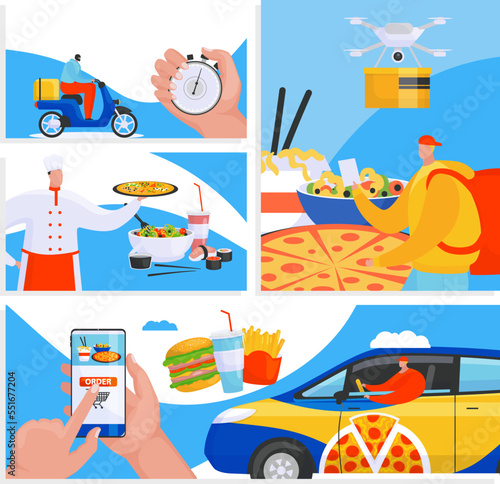 Order food delivery online service, fast to door flat banners set vector illu...