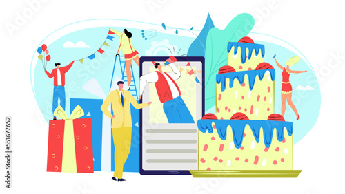 Holidays organization concept, birthday party event service with clowns and fireworks, gift boxes and baloons vector illustration.
