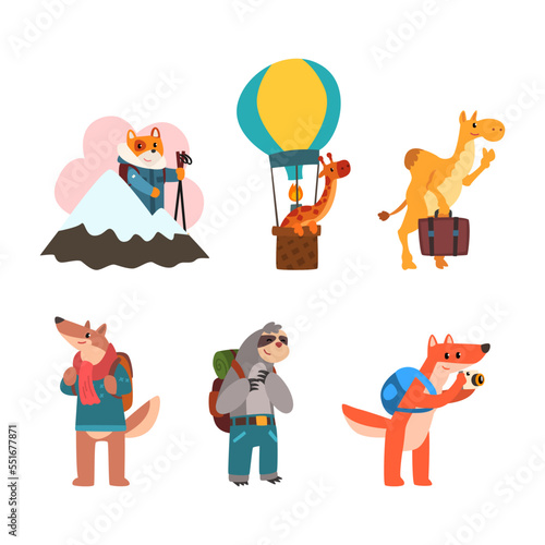 Cute Animals Tourist or Travellers with Trunk  Camera and Backpack Hiking Vector Set