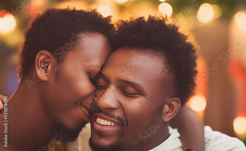 A perfect picture of a portrait of an young african descent person hugging his partner at Christmas - AI Generated 