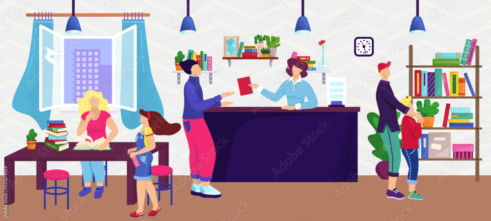 People in library, readers, knowledge concept, vector flat illustration. Adults and children in library among bookshelves reading books.