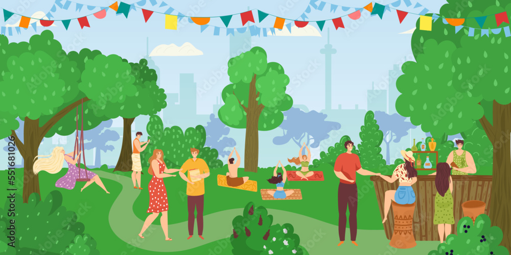 People in park, friends together having fun, leisure and rest in summer nature, doing yoga poses and fitness, eating at food kiosk vector illustration.