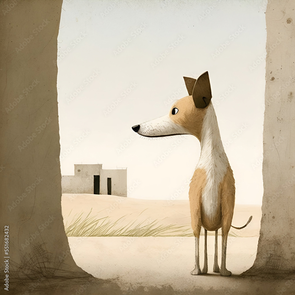 Storybook Style Cartoon Image of a Dog in a Desert Town. [Digital Art