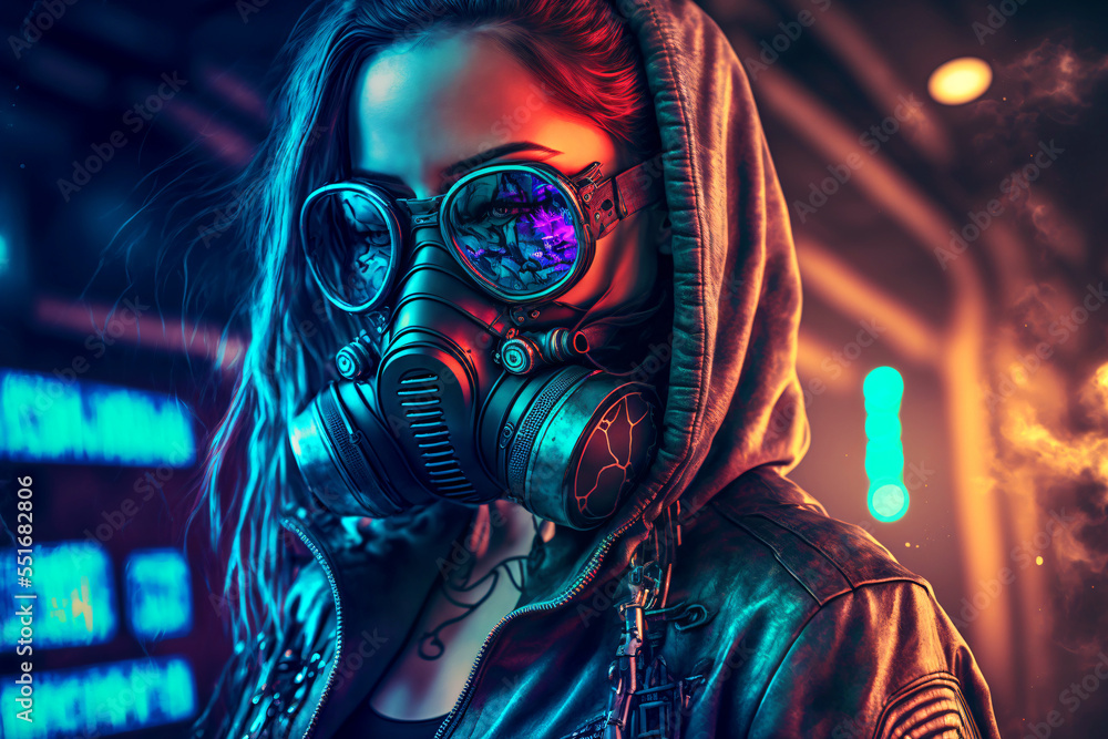 cyberpunk girl in leather hoodie with gas mask, night city light bokeh