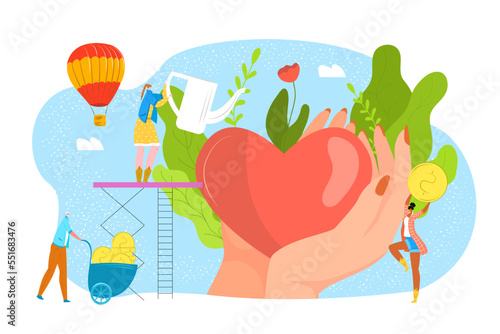 Donate blood  charity  philantrophy concept for donor day  help and save life vector illustration. Heart in loving hands  donation and money.
