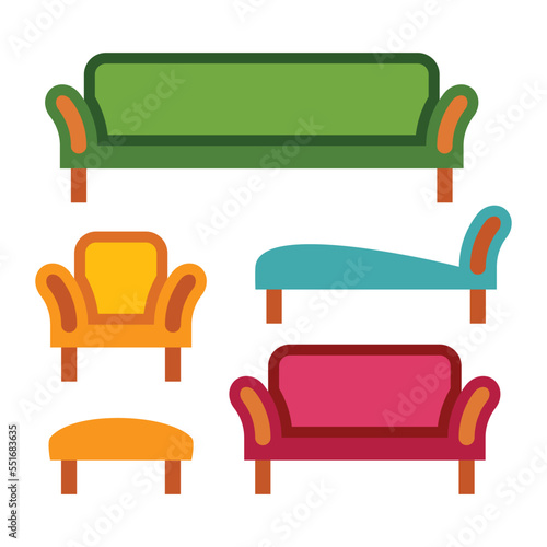 Sofa and armchair icon set, color isolated on white background, vector illustration.