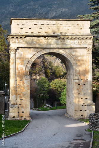 Susa, Piedmont, Italy -10-22-2022- The Roman triumphal arch in honor of Octavian Augustus datable to the 1st century AD
