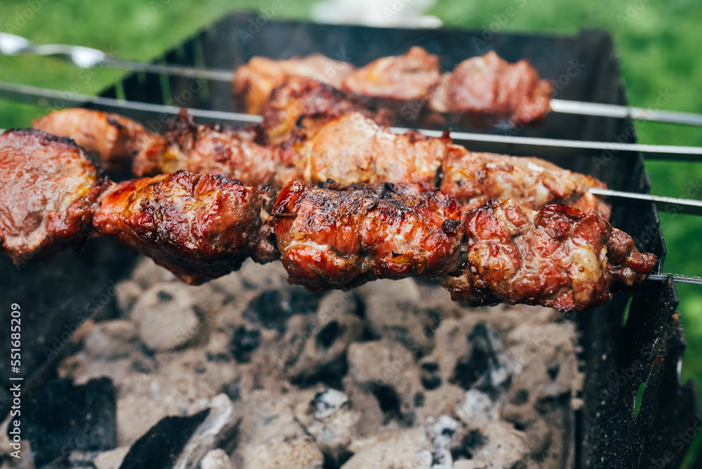 meat on charcoal shish kebab grill, close view