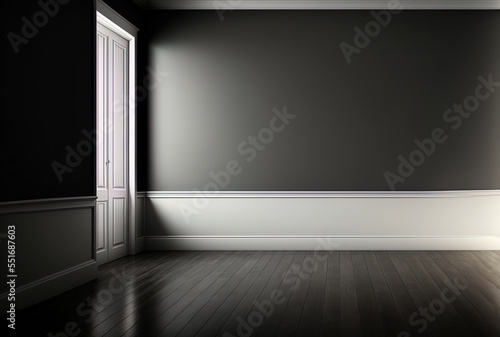 Background of the product black wall with white hardwood floor.. Generative AI © AkuAku