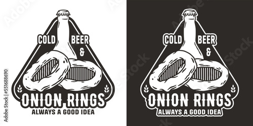 Beer logo or brewery emblem with bottle and onion rings for bar or pub. Monochrome print or label for drink beer shop