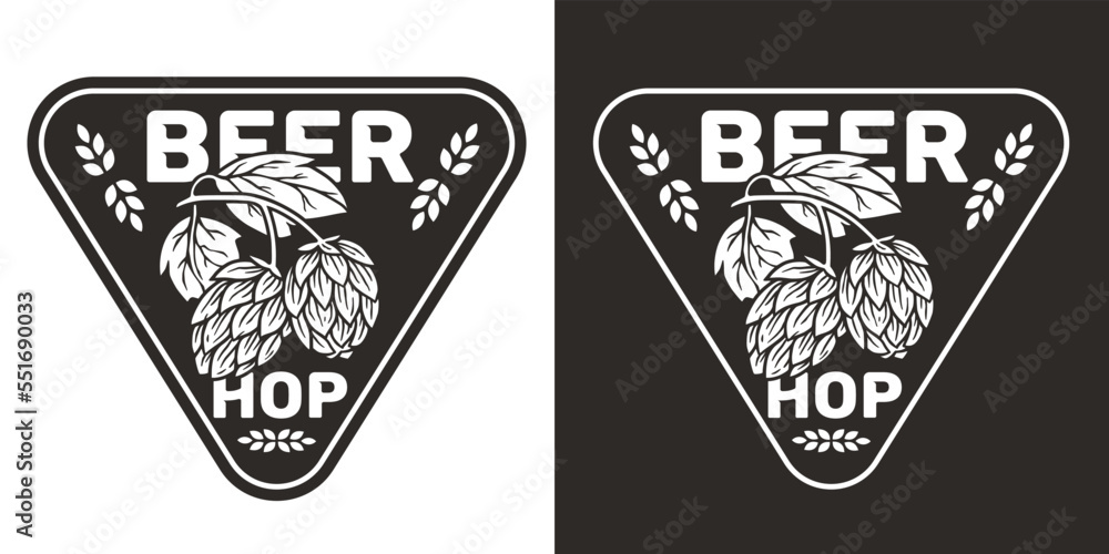 Beer logo with hop cone and leaf for craft beer label or print. Brew monochrome emblem for bar, pub or brewery shop