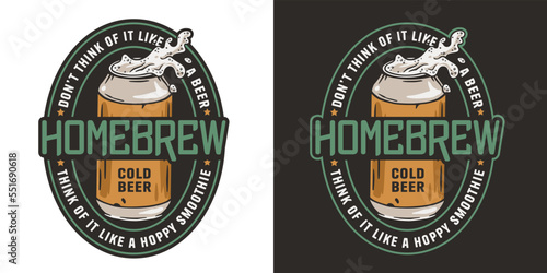 Brewery logo with metal can and splashes foam for label or print. Brew emblem or craft beer logo with aluminium tin and froth for bar, pub or brewery shop