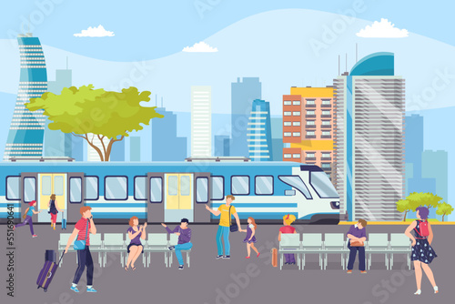 Train in subway station in metro underground, modern ferry station, urban transport vector illustration. Railroad in city.