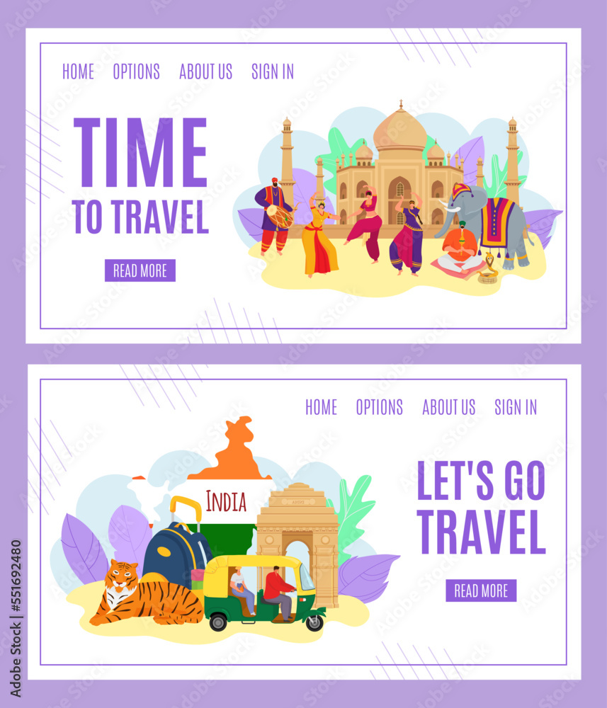 Time to travel, India tourism banners set of vector illustration. India landmark. Indians in traditional dress dancing. Travelling culture