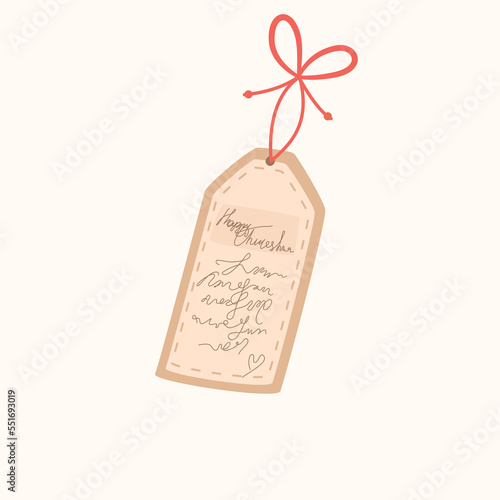 Paper gift tag with nice words and a red bow. Decor for Christmas and New Year for stickers and web. Festive vector illustration in flat cartoon style