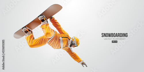 Realistic silhouette of a snowboarding on white background. The snowboarder man doing a trick. Carving. Vector illustration