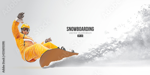 Realistic silhouette of a snowboarding on white background. The snowboarder man doing a trick. Carving. Vector illustration